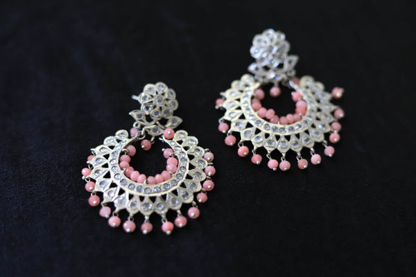 Silver Plated Chandbali Earrings with Pink Beads