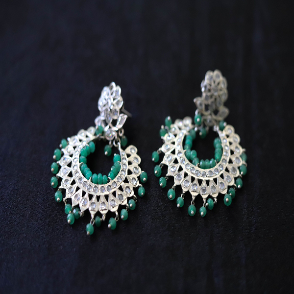 Silver Plated Chandbali Earrings with Green Beads