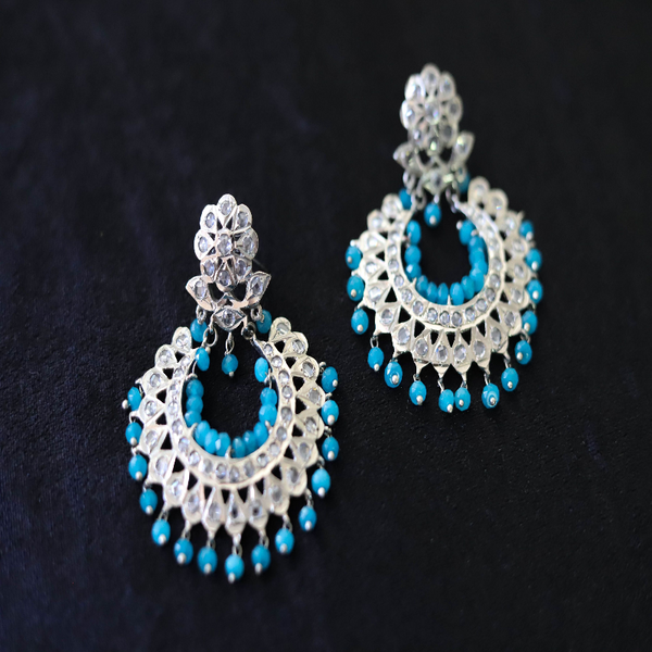 Silver Plated Chandbali Earrings with Blue Beads